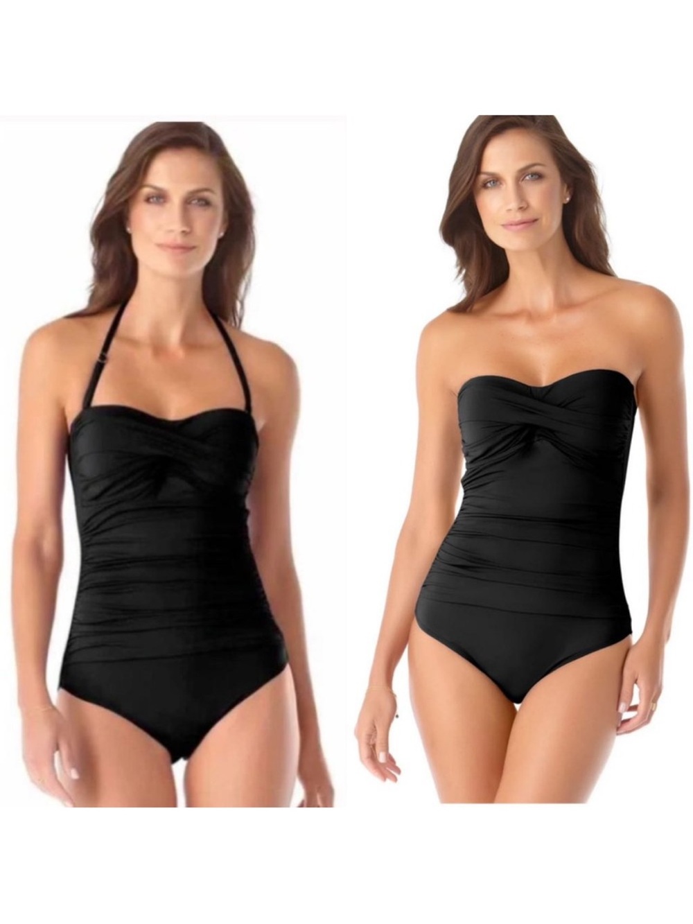 EUC Anne Cole black bandeau one piece twist front shirred swim suit size 12 - Picture 4 of 10